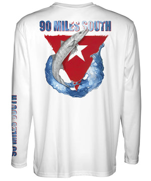 Cuban T Shirt | 90MS Barracuda - back view of white long sleeve performance shirt depicting a barracuda and red triangle from the Cuban flag