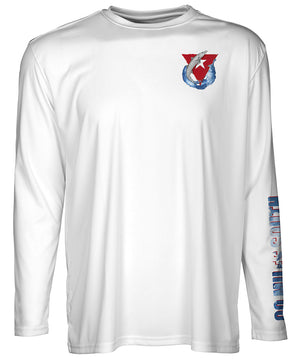 front view of a white long sleeve performance T-Shirt shirt with a left chest barracuda and red triangle Logo and left sleeve logo