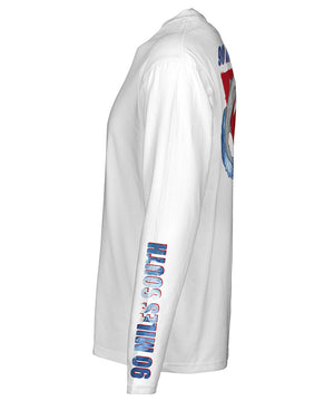 side view of a white long sleeve performance t-shirt featuring 90 miles south sleeve logo