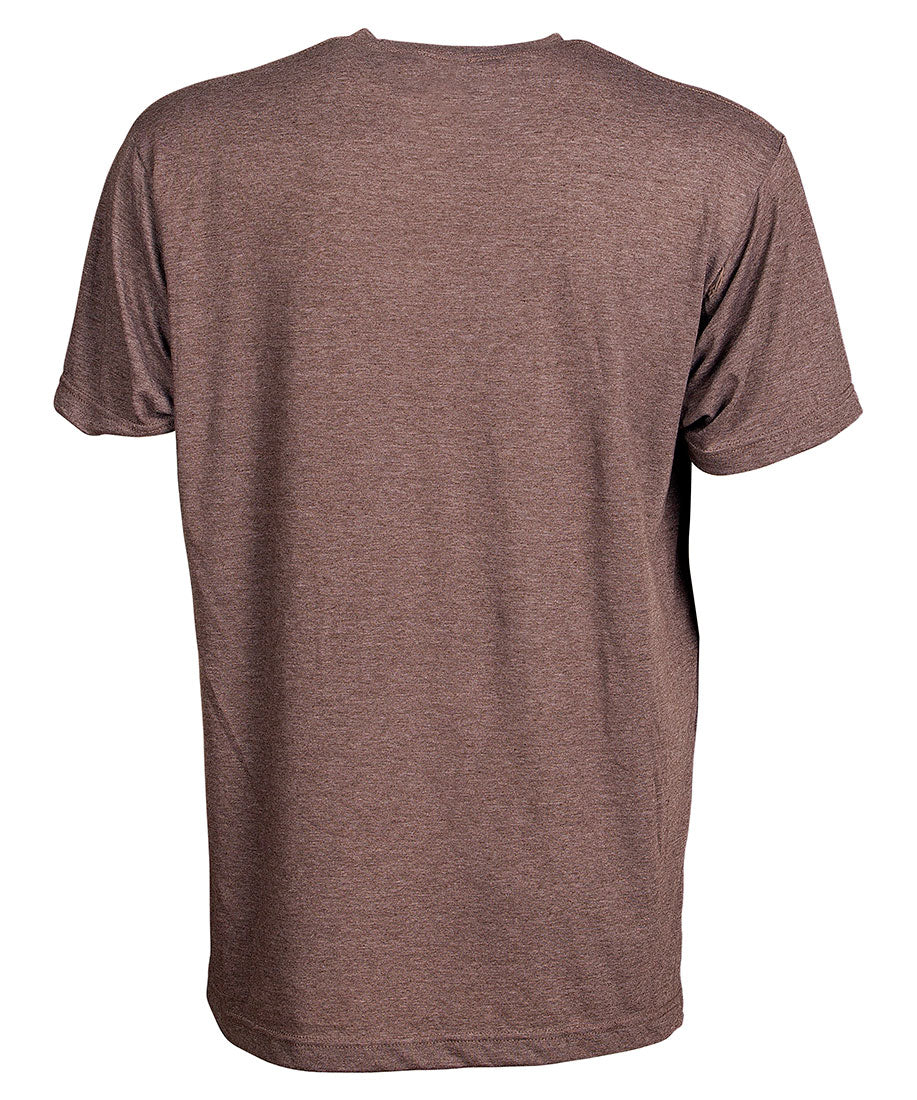 Front view of short sleeve heather brown tee shirt with dark brown artwork of 90 Miles South compass