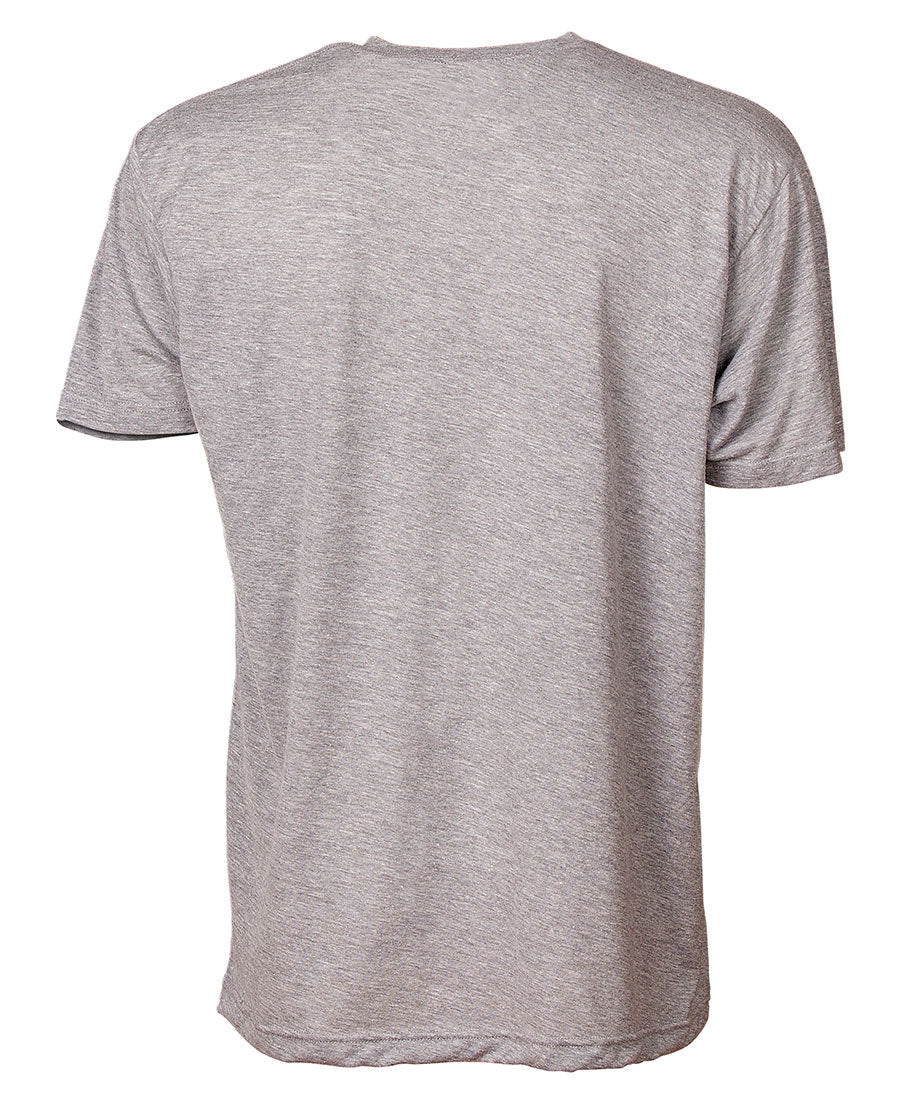 Front view of short sleeve heather grey tee shirt with dark blue artwork of 90 Miles South Anchor