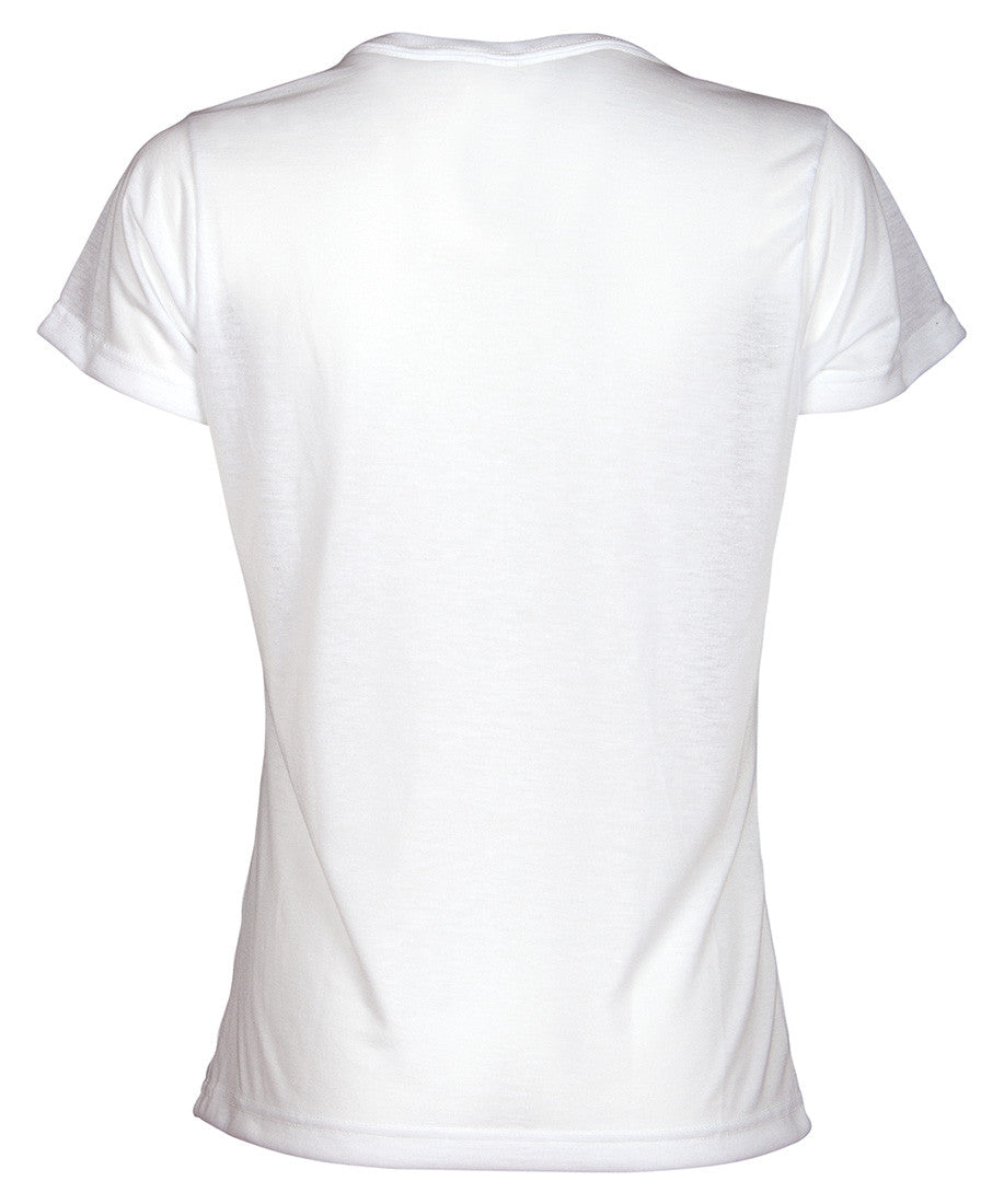 Front of ladies white short sleeve v-neck with LOVE graphic