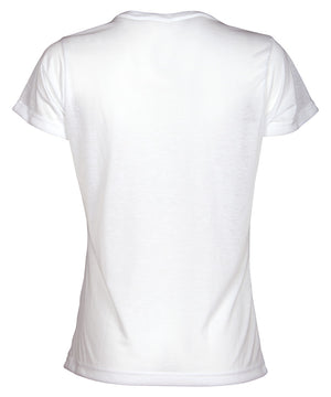 Back of ladies white v-neck tee shirt