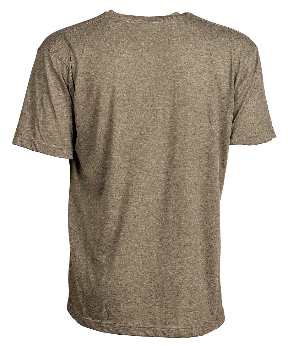 Front view of short sleeve military green tee shirt with black artwork of 90 Miles South Hammerhead Shark
