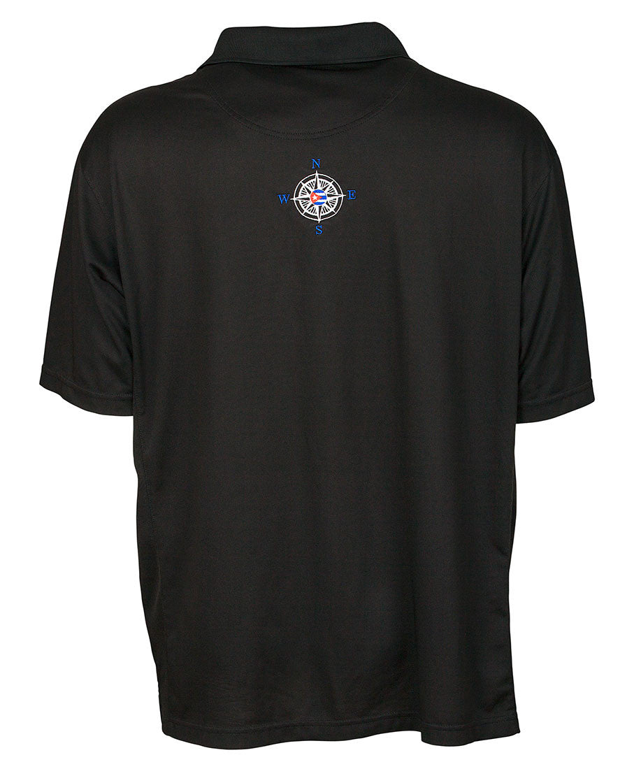 front view of men's black polo shirt with embroidered left chest logo 