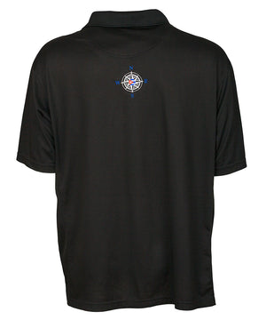 back view of men's black polo shirt with embroidered compass graphic 