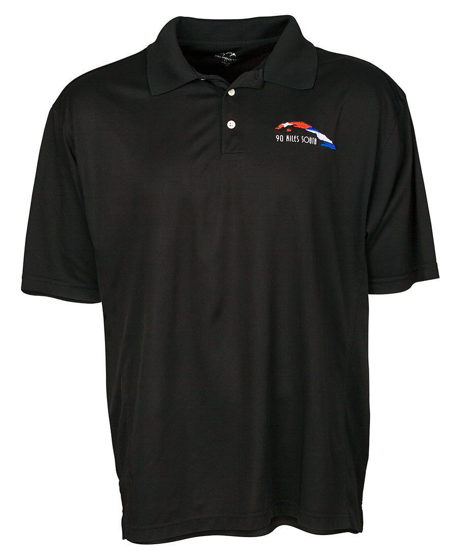 front view of men's black polo shirt with embroidered left chest logo 